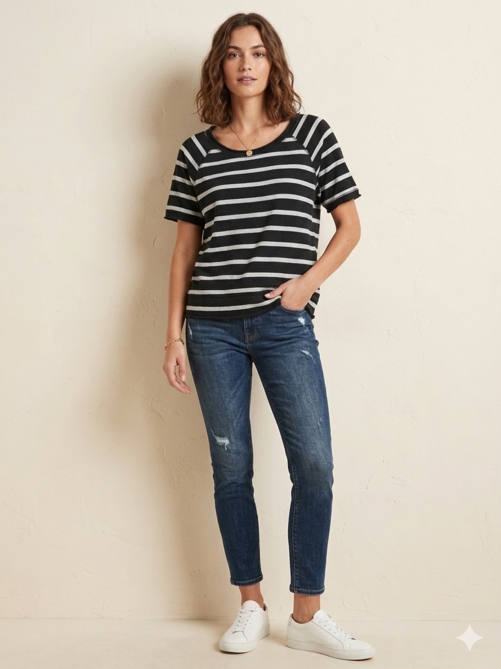 CHASER Striped Linen-Blend French Terry Short Sleeve Sweatshirt Boxy Top M